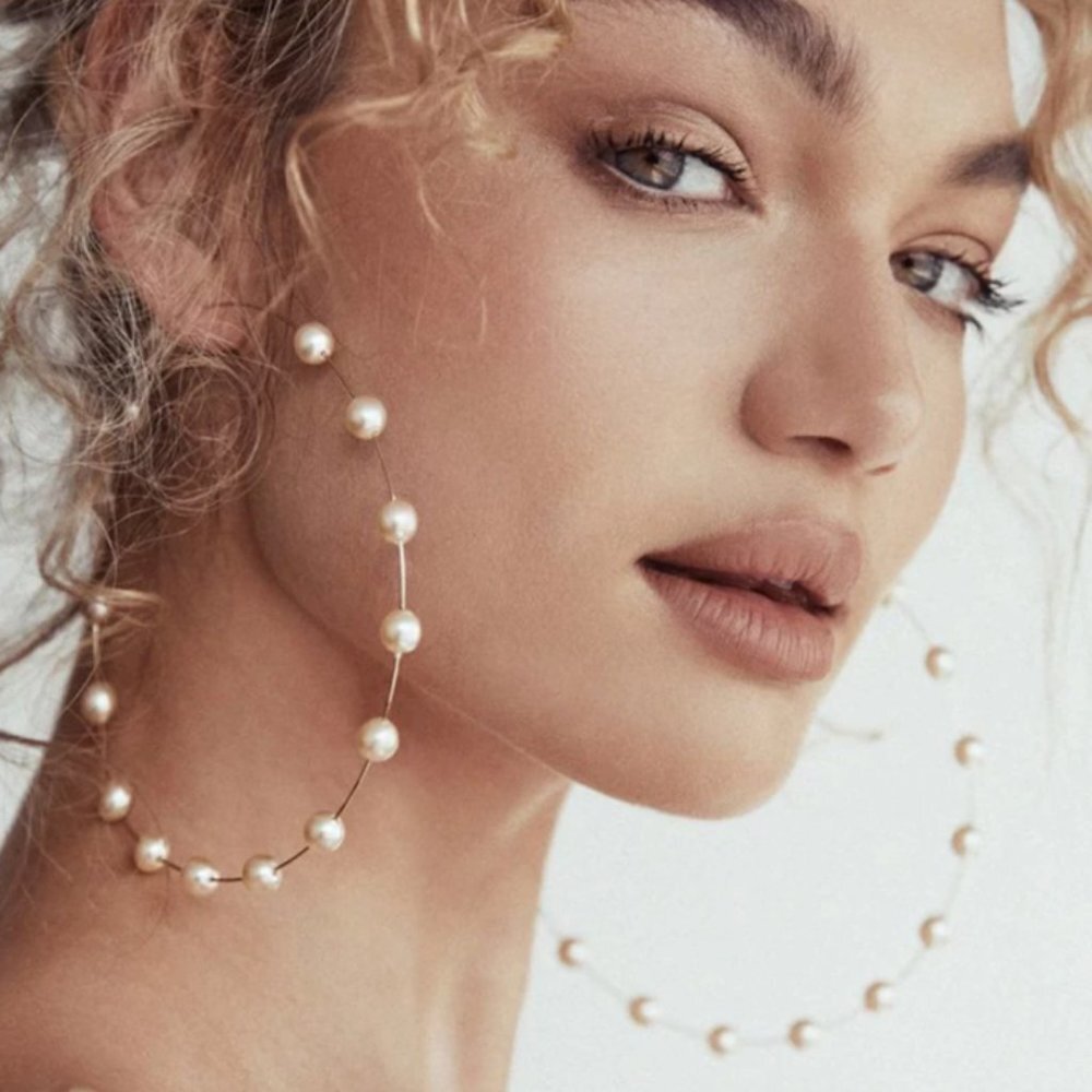 White Floating Pearl Large‎ Gold Hoop Earrings Oversized Statement Earrings - Picture 2 of 4